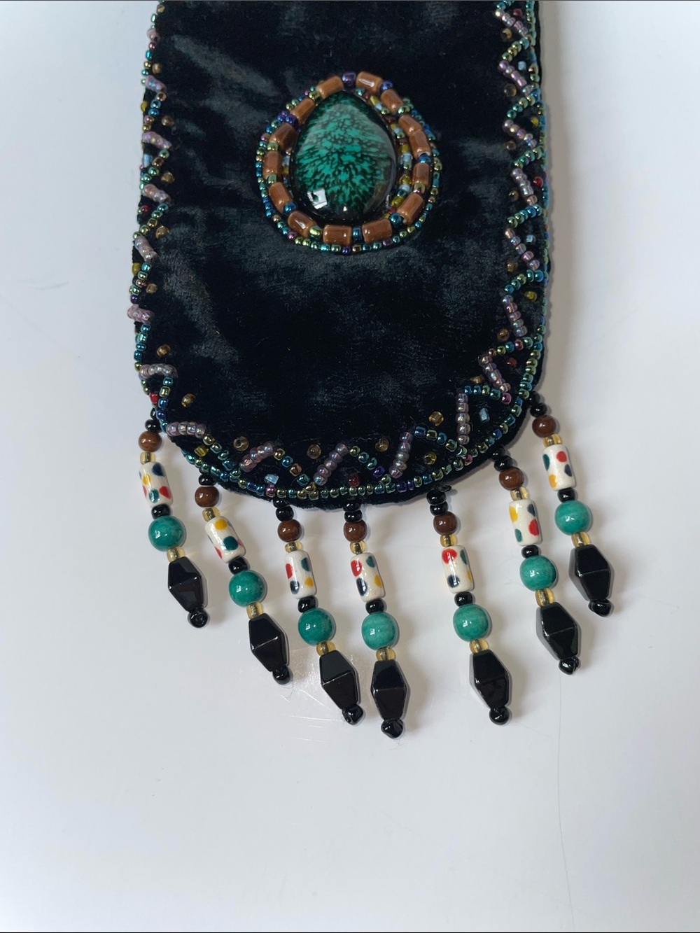 Vintage silk & Black Velvet Beaded Crossbody Pouch with Turquoise Accent - Picture 5 of 8